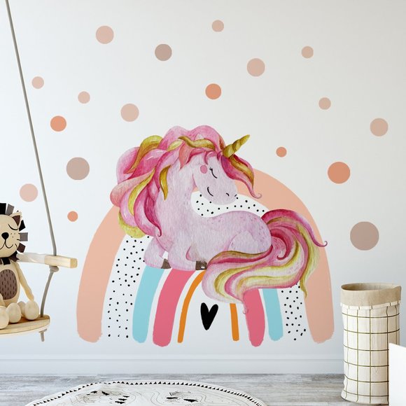 Sleeping Unicorn on Rainbow With Dots Wall Decal